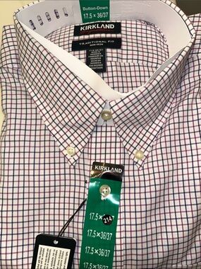Kirkland Signature White Dress Shirt with Purple and Blue Windowpane
